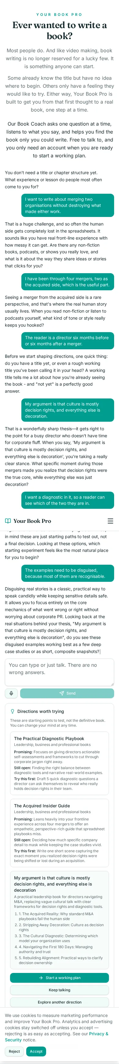Book Coach conversation about merging two cultures without breaking either, showing the coach's questions and the directions it offered.