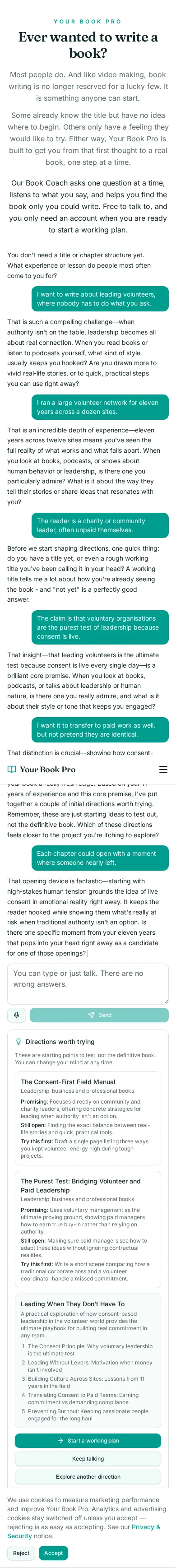 Book Coach conversation about leading people who can walk away, showing the coach's questions and the directions it offered.