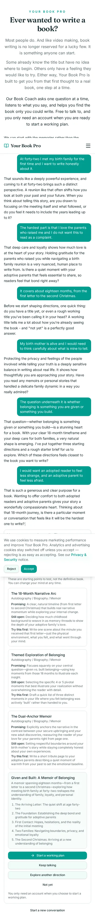 Book Coach conversation about meeting a birth family at forty-two, showing the coach's questions and the directions it offered.