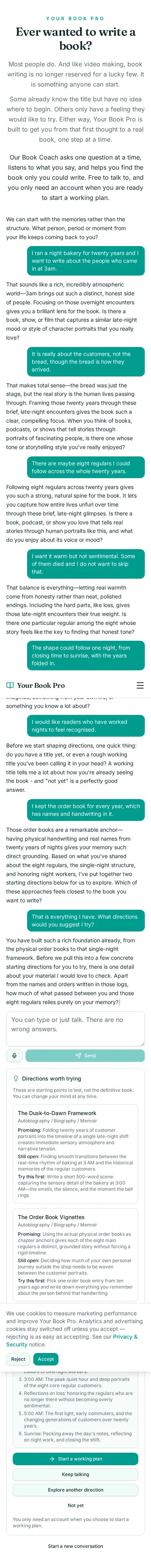 Book Coach conversation about twenty years behind a night bakery counter, showing the coach's questions and the directions it offered.