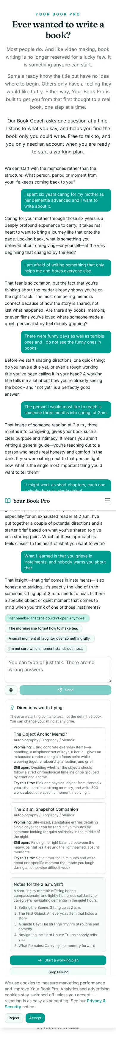 Book Coach conversation about six years caring for a parent with dementia, showing the coach's questions and the directions it offered.