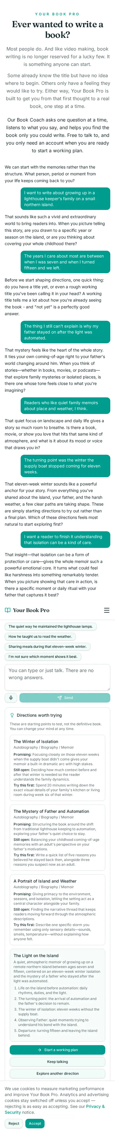 Book Coach conversation about growing up in a lighthouse keeper's family, showing the coach's questions and the directions it offered.