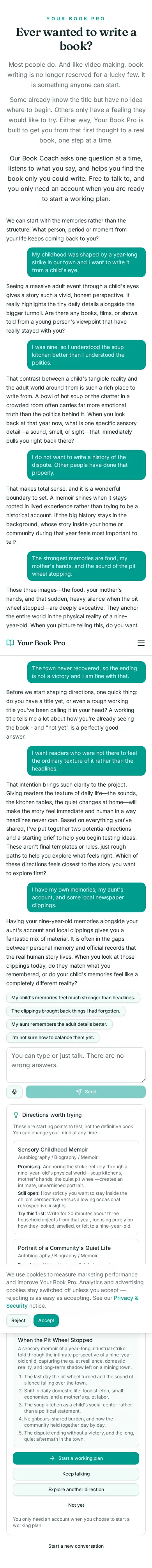 Book Coach conversation about a childhood shaped by a year-long strike, showing the coach's questions and the directions it offered.