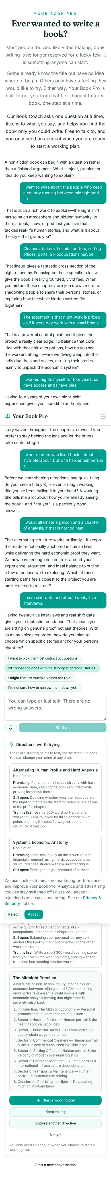 Book Coach conversation about the hidden economy of the night shift, showing the coach's questions and the directions it offered.