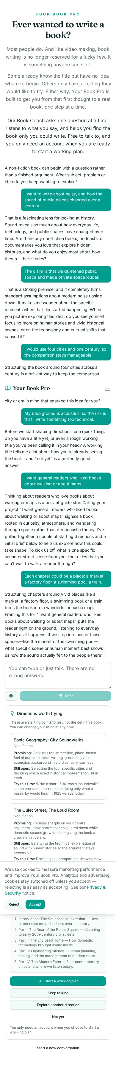 Book Coach conversation about how noise changed public life, showing the coach's questions and the directions it offered.