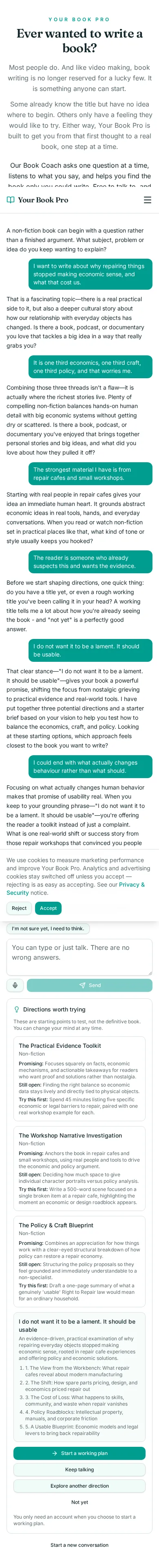Book Coach conversation about the economics of repairing things, showing the coach's questions and the directions it offered.
