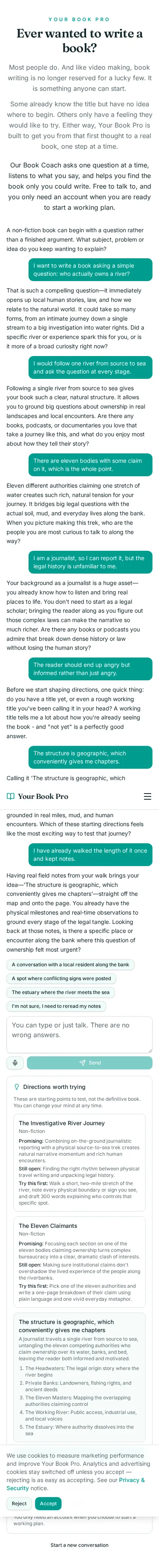 Book Coach conversation about who owns a river, showing the coach's questions and the directions it offered.