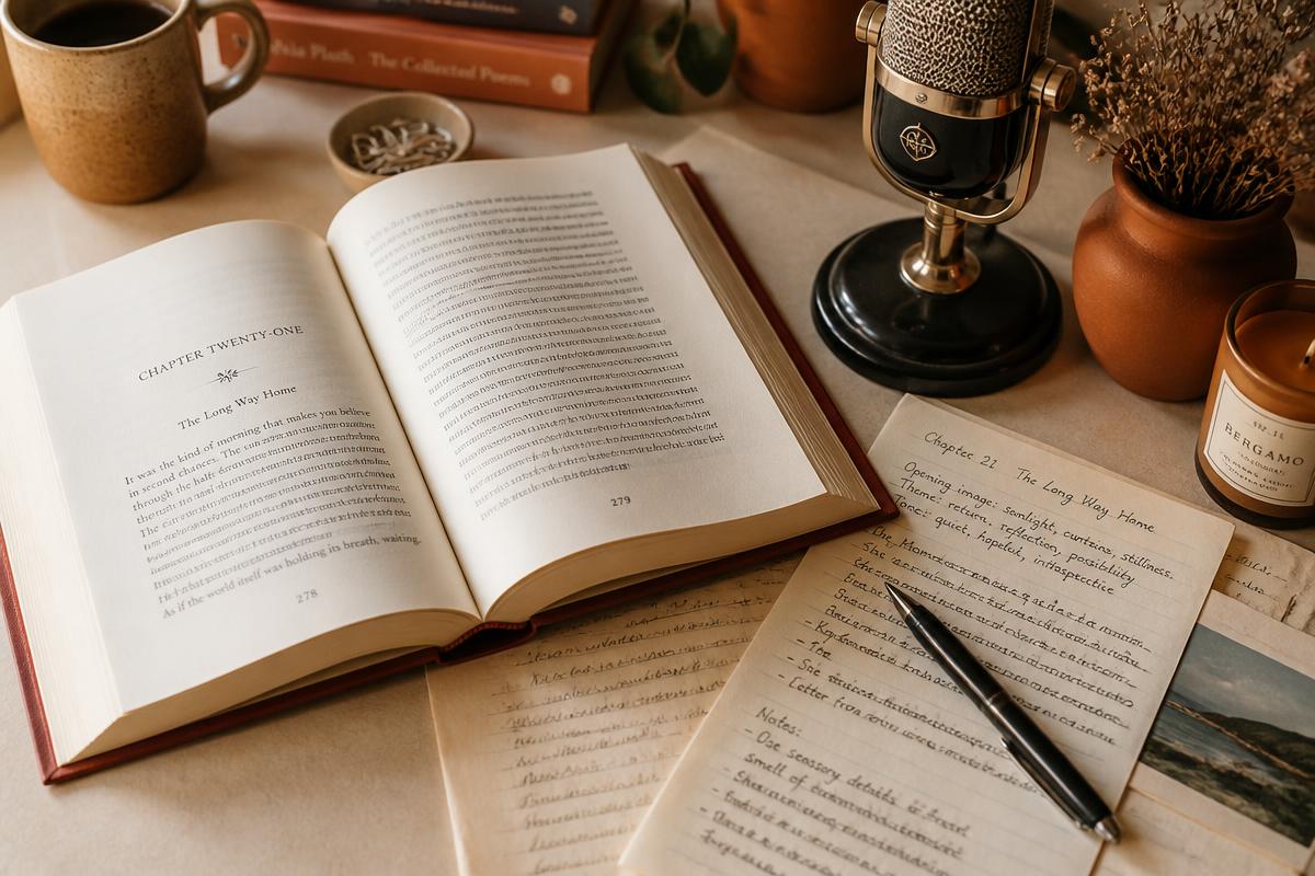 An open book beside a microphone and handwritten chapter notes
