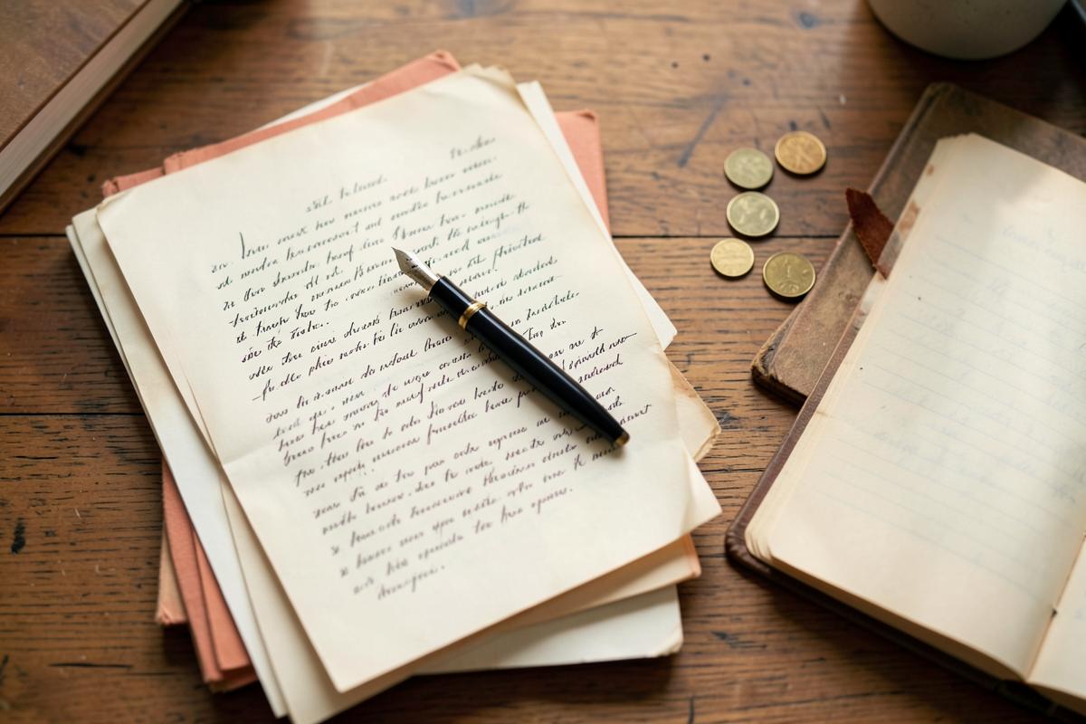 A manuscript, a fountain pen and a small pile of coins on a wooden desk.