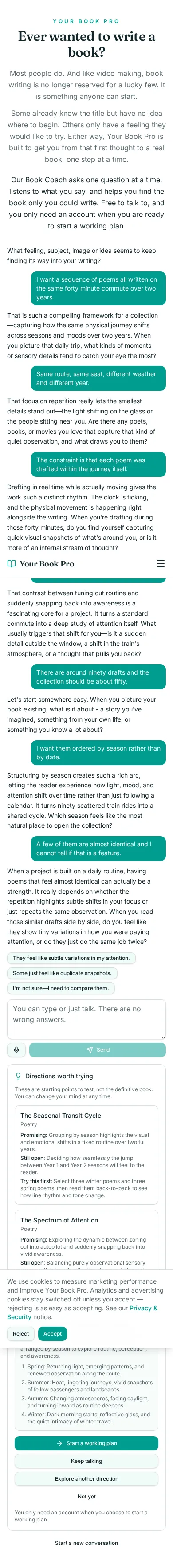 Book Coach conversation about a sequence written on one commute, showing the coach's questions and the directions it offered.