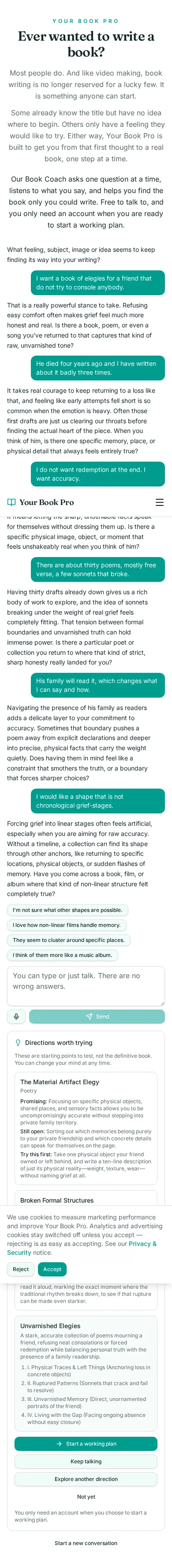 Book Coach conversation about elegies that refuse to be consoling, showing the coach's questions and the directions it offered.