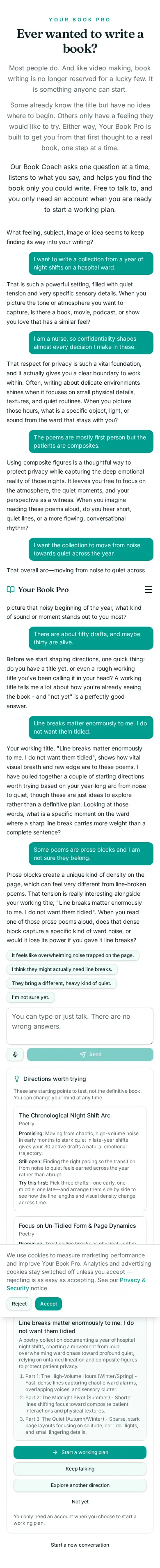 Book Coach conversation about poems from a year of hospital nights, showing the coach's questions and the directions it offered.