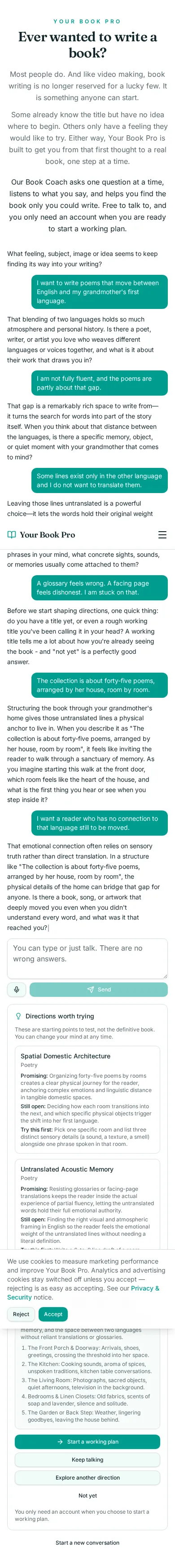 Book Coach conversation about poems in a language being lost, showing the coach's questions and the directions it offered.