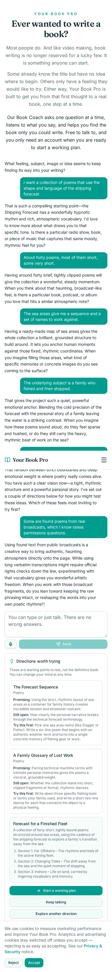 Book Coach conversation about poems shaped by the shipping forecast, showing the coach's questions and the directions it offered.