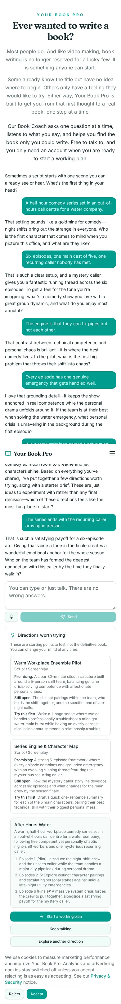 Book Coach conversation about a comedy set in an out-of-hours call centre, showing the coach's questions and the directions it offered.