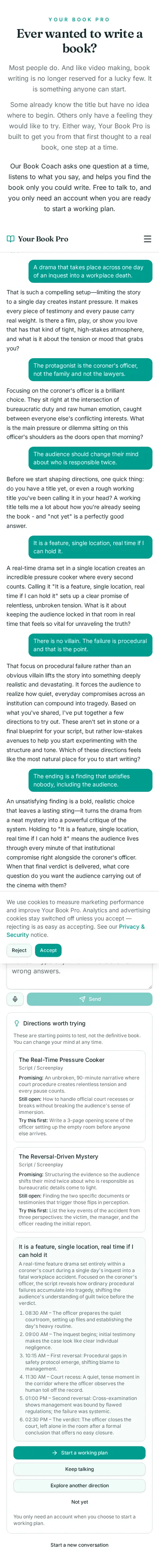 Book Coach conversation about a single day inside an inquest, showing the coach's questions and the directions it offered.