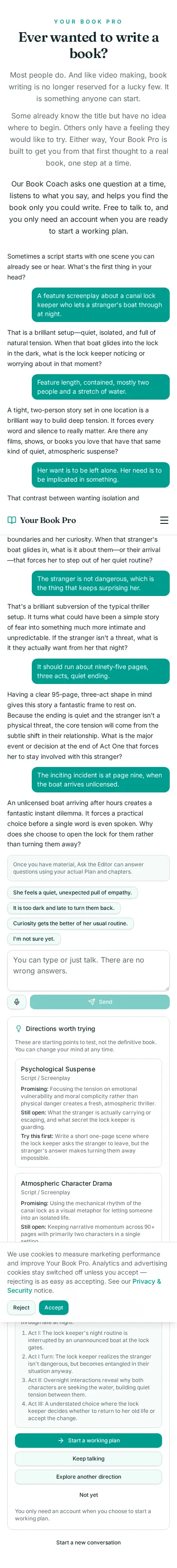 Book Coach conversation about a lock keeper and a stranger's boat, showing the coach's questions and the directions it offered.