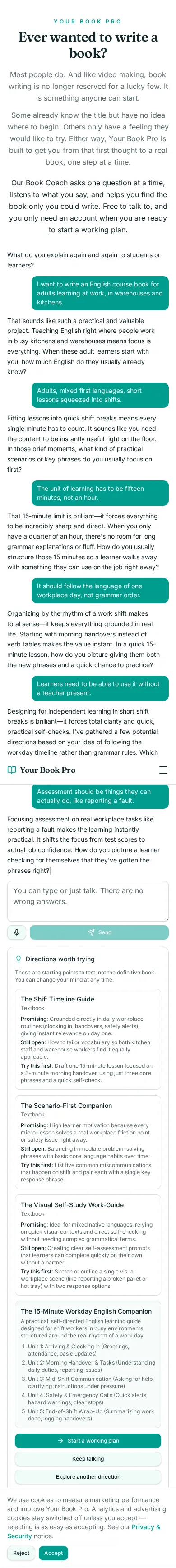 Book Coach conversation about a workplace english course book, showing the coach's questions and the directions it offered.