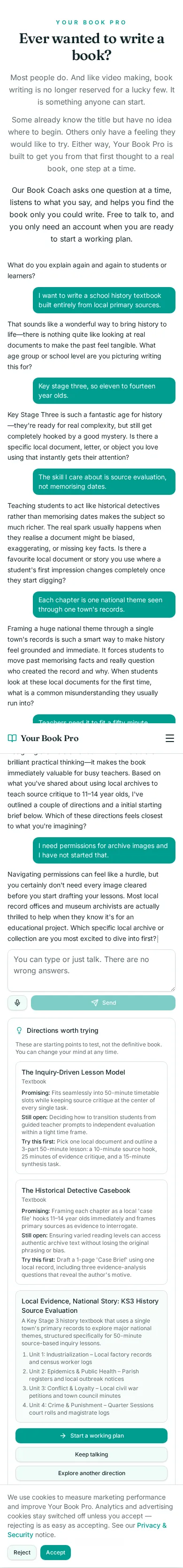 Book Coach conversation about a school history textbook using local sources, showing the coach's questions and the directions it offered.