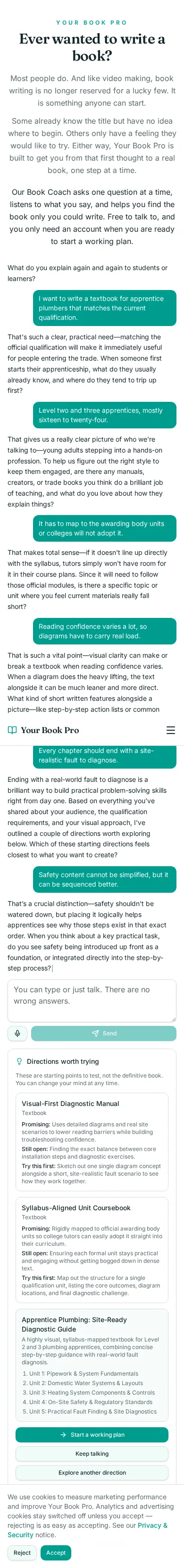Book Coach conversation about a trade textbook for apprentice plumbers, showing the coach's questions and the directions it offered.