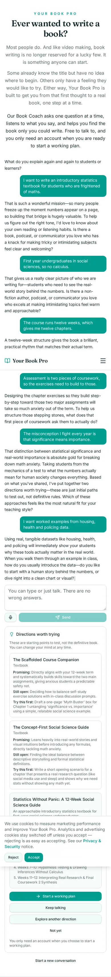 Book Coach conversation about statistics for people who fear maths, showing the coach's questions and the directions it offered.