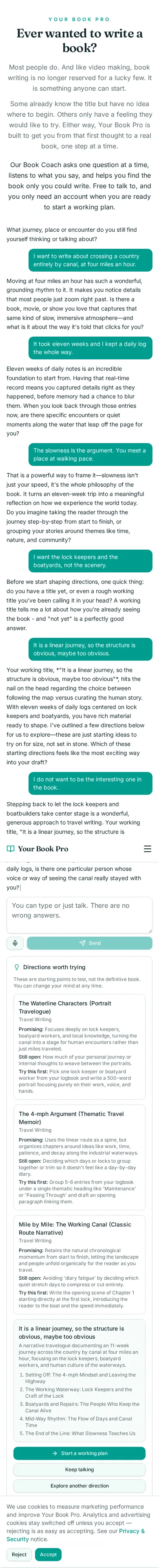 Book Coach conversation about a country crossed entirely by canal, showing the coach's questions and the directions it offered.