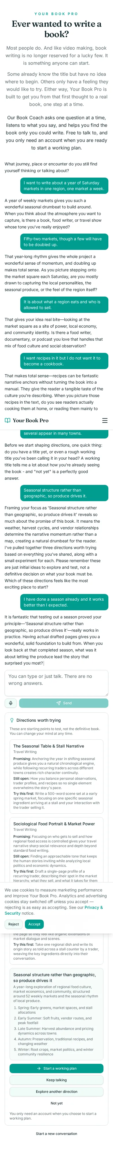 Book Coach conversation about a year of saturday markets, showing the coach's questions and the directions it offered.