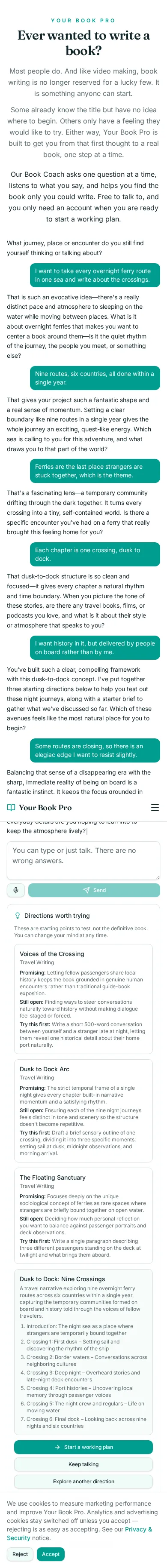 Book Coach conversation about every overnight ferry in one sea, showing the coach's questions and the directions it offered.