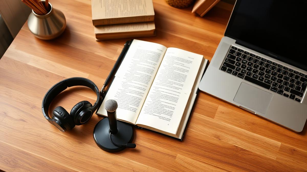 A podcast microphone and headphones beside a printed manuscript on a desk