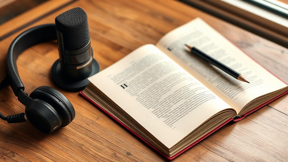 A podcast microphone and headphones beside an edited printed manuscript