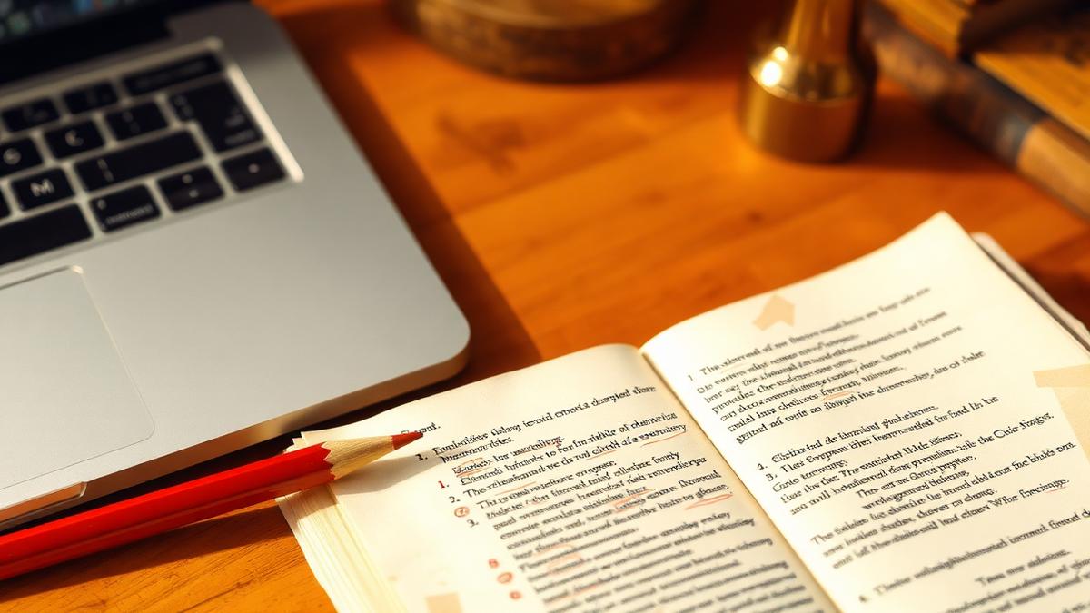 A manuscript marked up with editing corrections beside a laptop