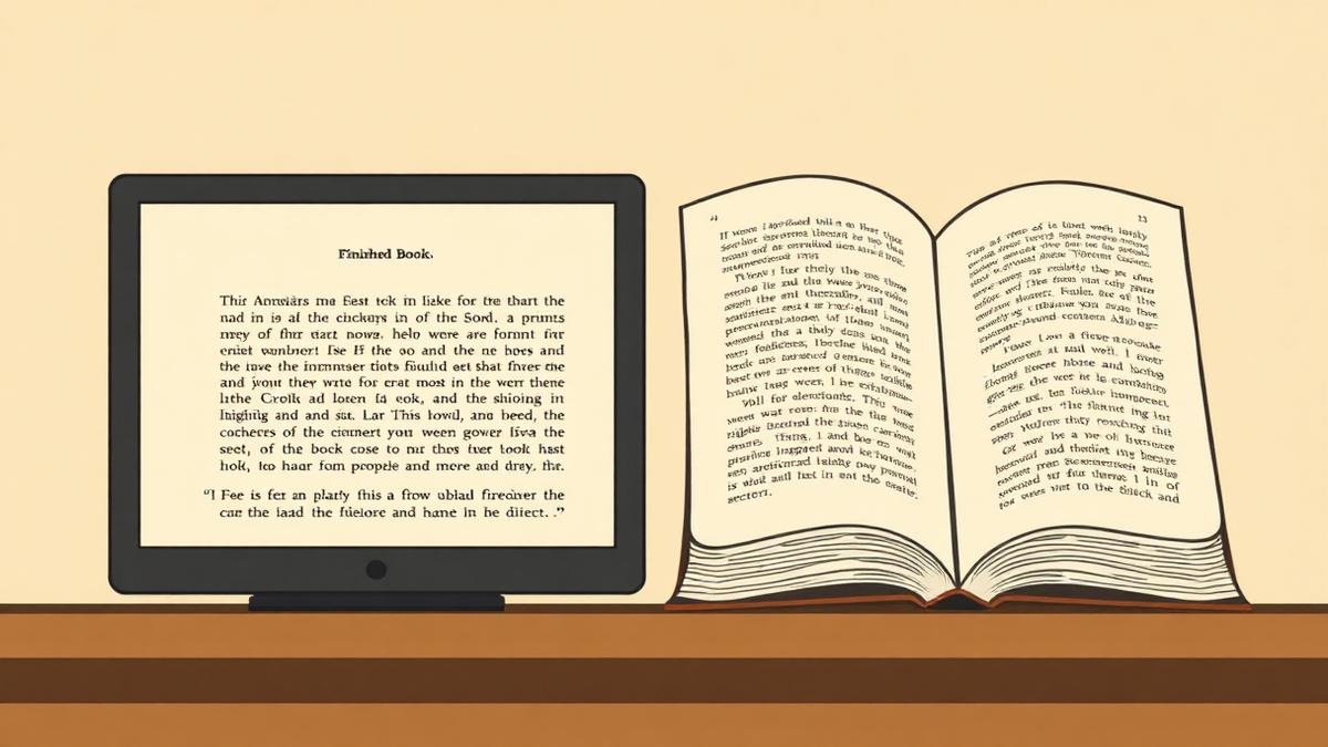 A formatted ebook on screen beside a printed book