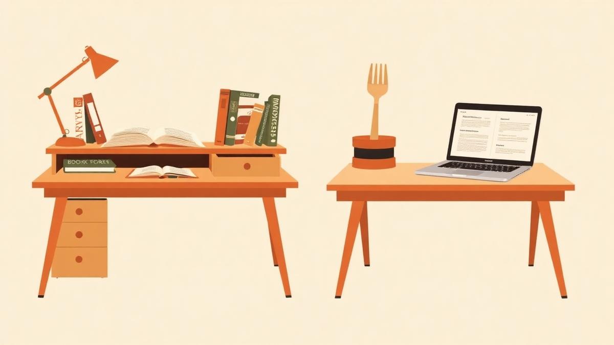 A traditional writing desk beside a modern laptop setup, a fork in the road