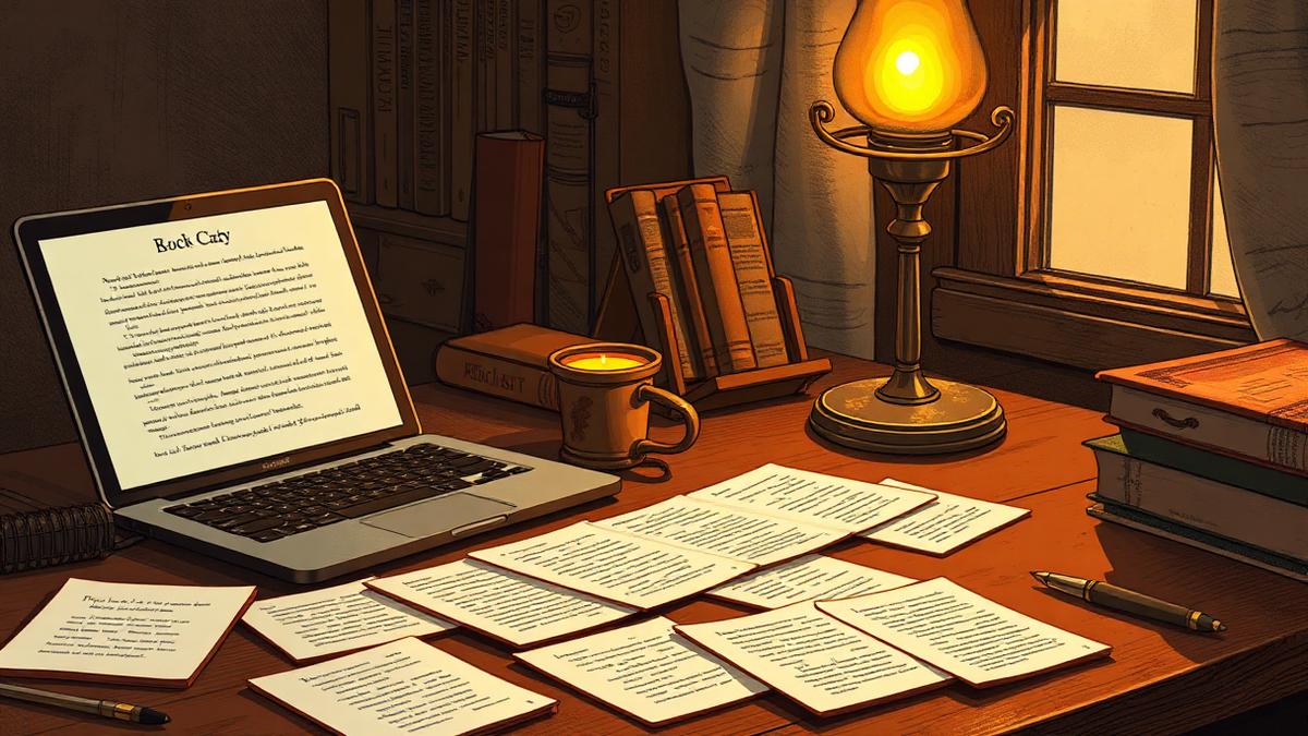 A novelist working through scene ideas on cards beside a laptop